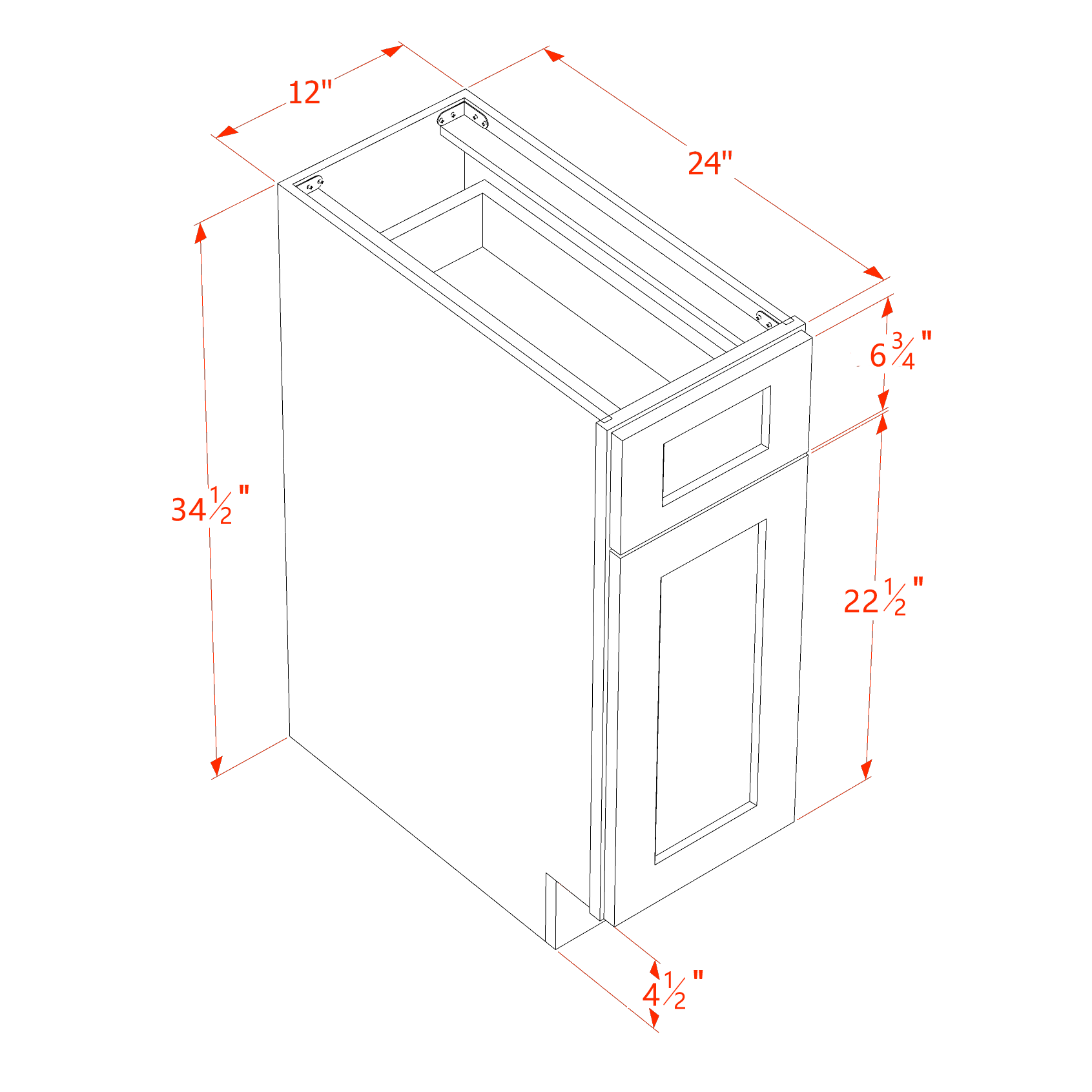 B12-ST  Base cabinet - Shaker Style - Timber   12"W x 34-1/2"H x 24"D