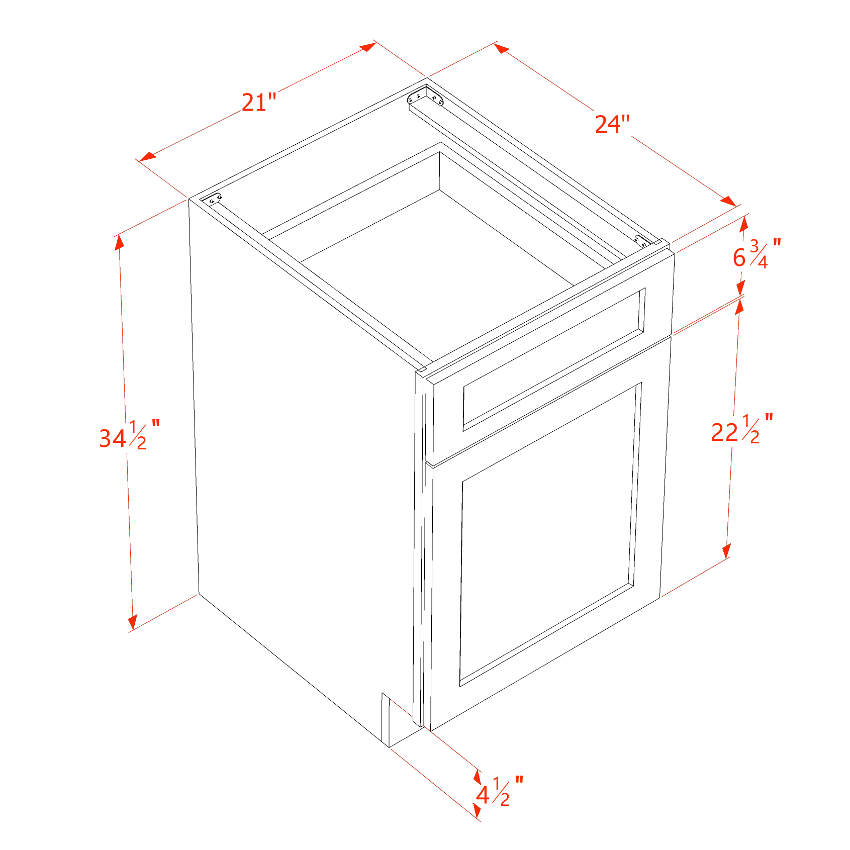 B21-SSW  Base cabinet - Slim Shaker Style - White   21"W x 34-1/2"H x 24"D