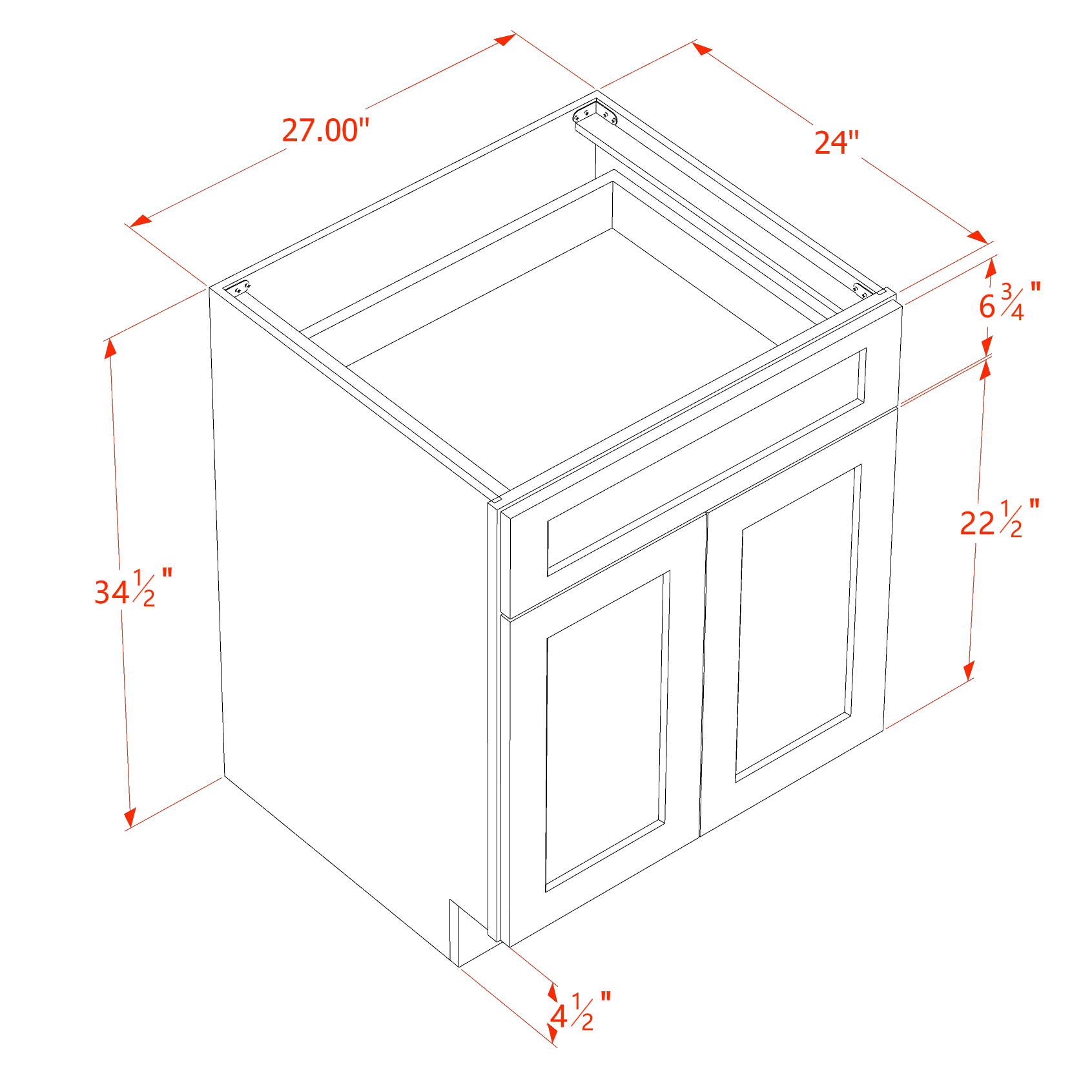 B27-SSW  Base cabinet - Slim Shaker Style - White   27"W x 34-1/2"H x 24"D