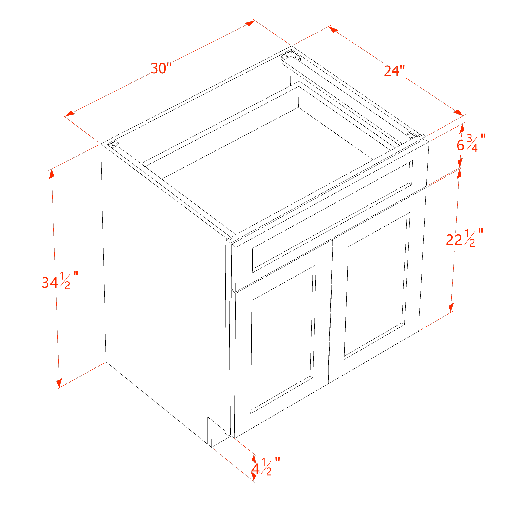 B30-SSW  Base cabinet - Slim Shaker Style - White   30"W x 34-1/2"H x 24"D