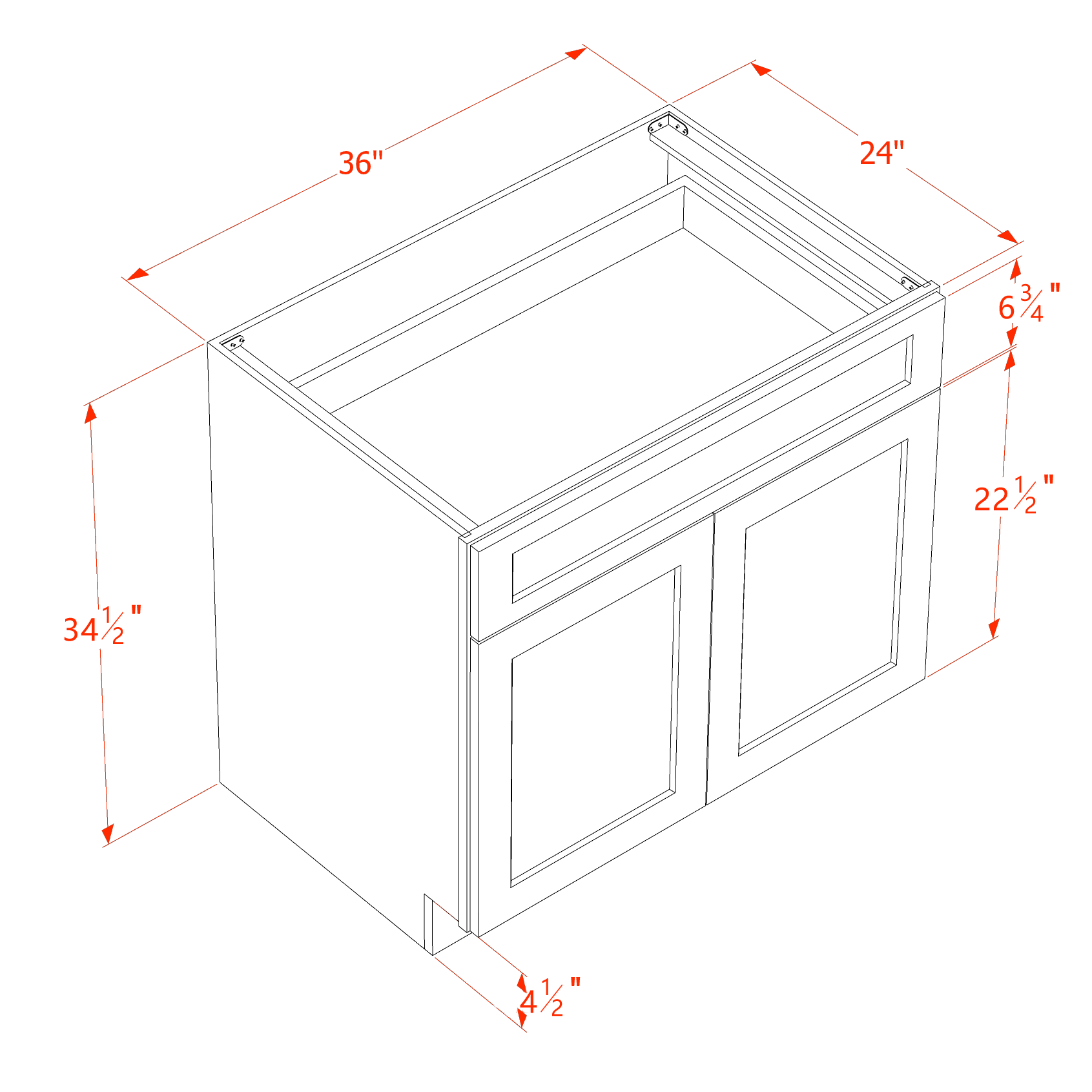 B36-SSW  Base cabinet - Slim Shaker Style - White   33"W x 34-1/2"H x 24"D