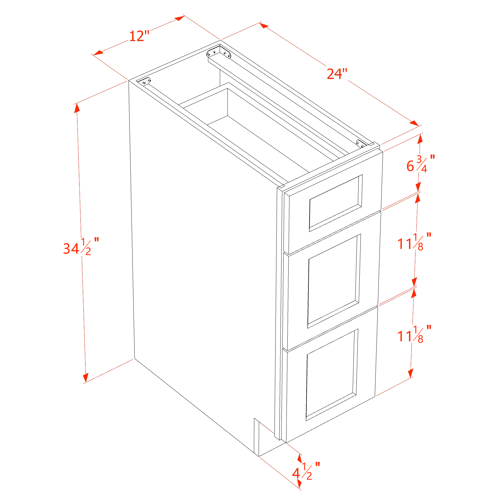 DB12-SSAW  Base Cabinet 3 Drawers - Shaker Style - Swan White   5-1/4"W x 12-1/4"H x 4-1/2"D