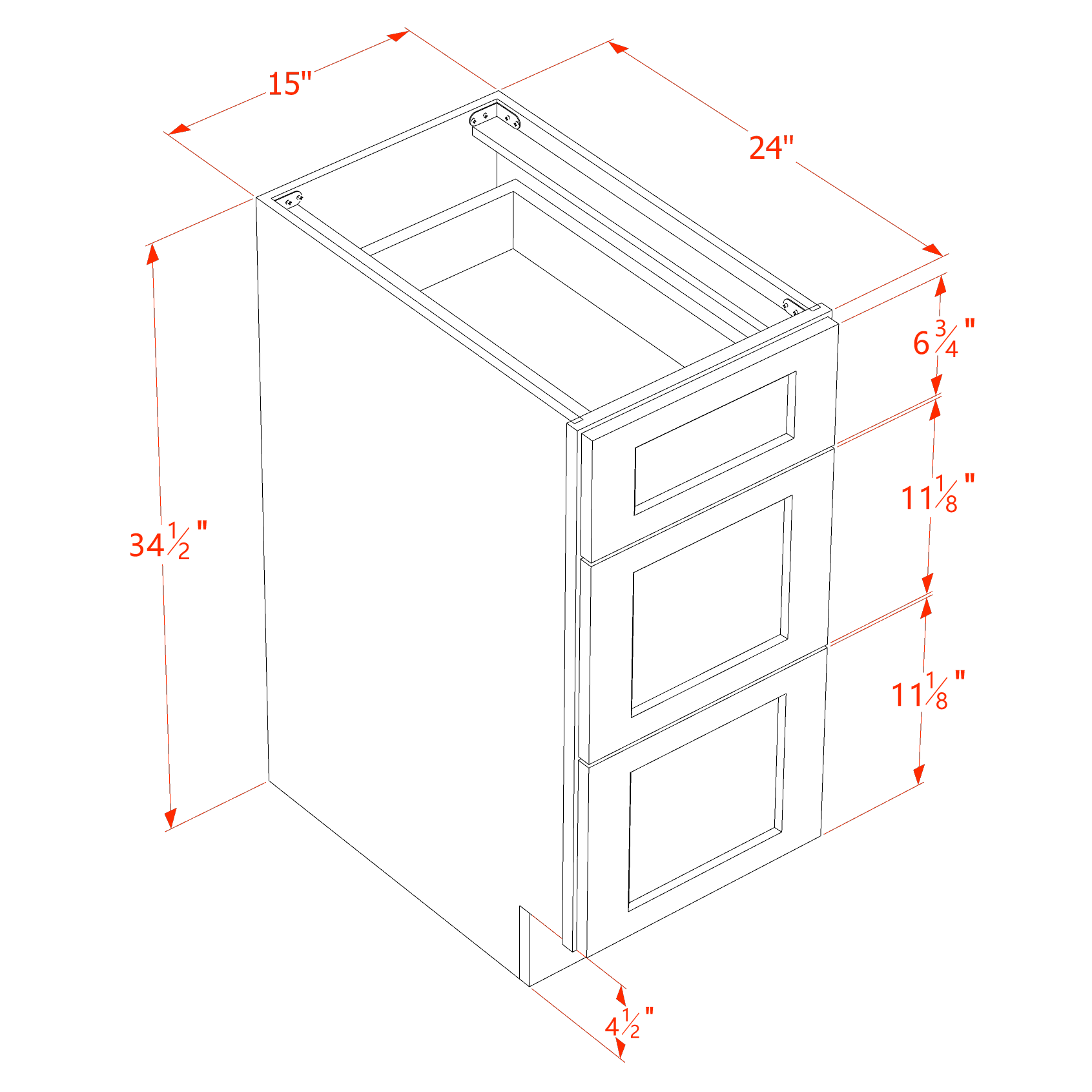 DB15-SSAW  Base Cabinet 3 Drawers - Shaker Style - Swan White   12"W x 34-1/2"H x 24"D