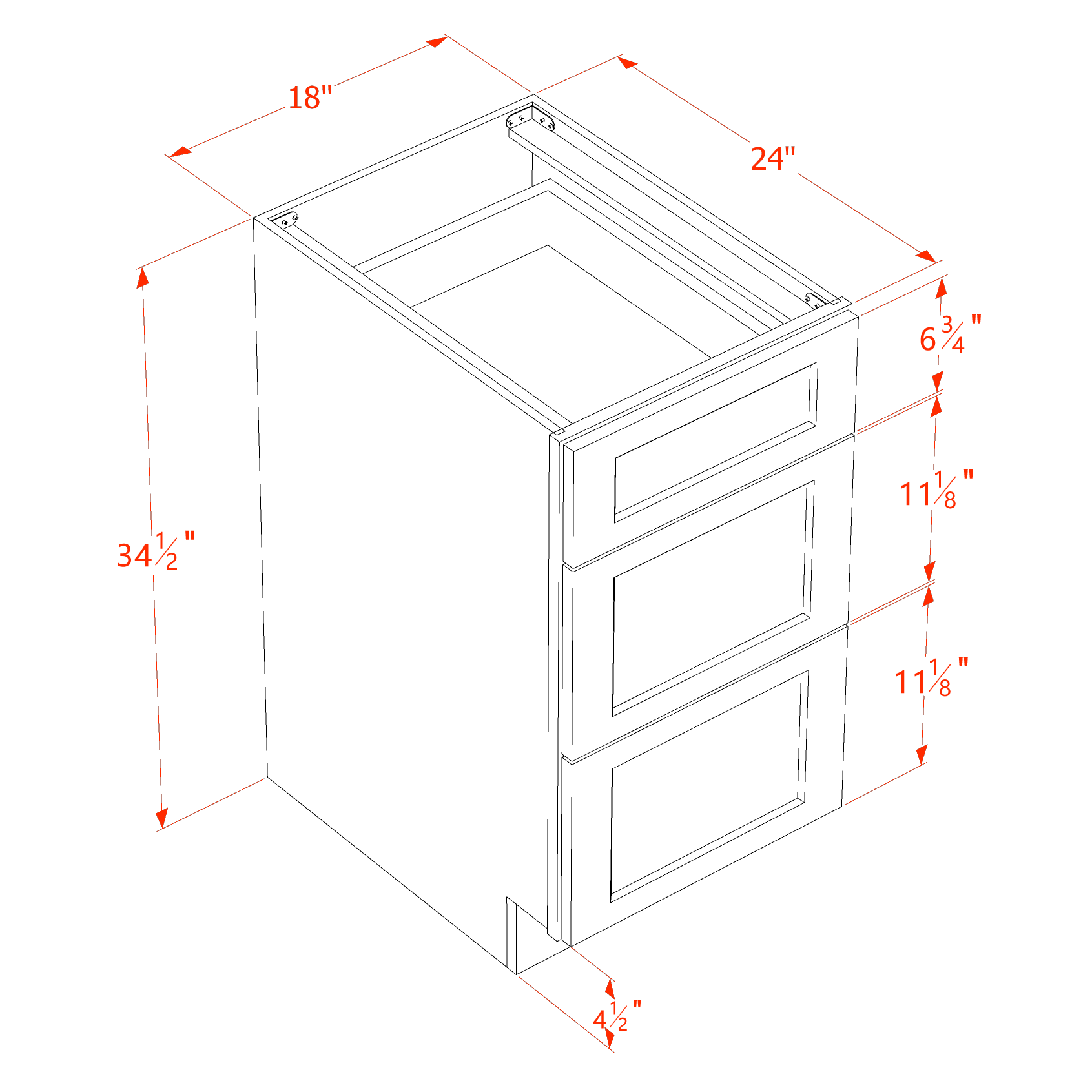 DB18-SSAW  Base Cabinet 3 Drawers - Shaker Style - Swan White   15"W x 34-1/2"H x 24"D