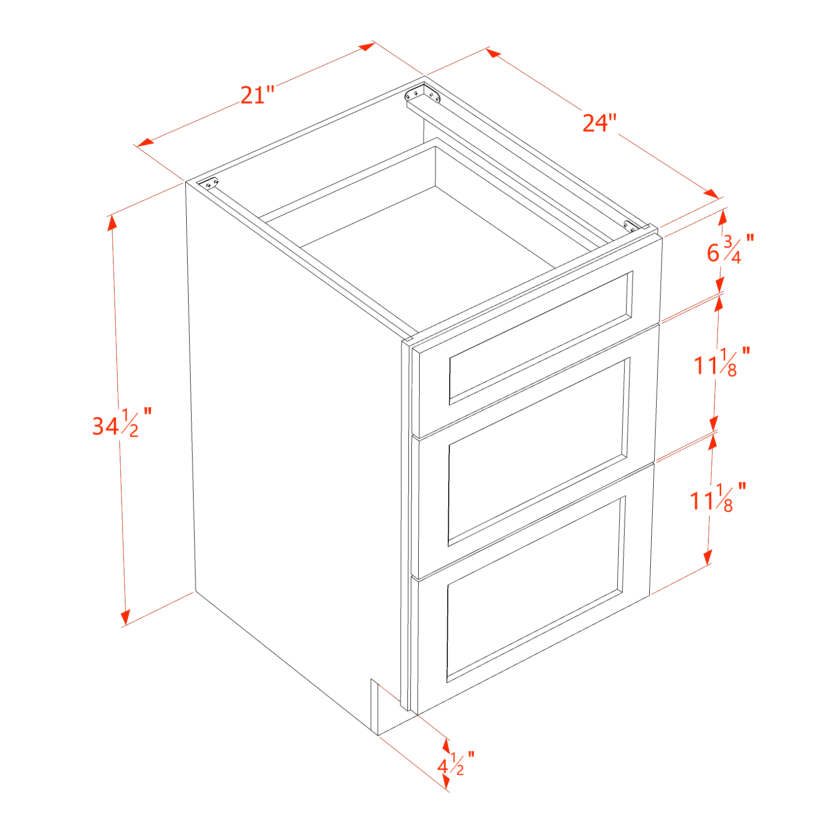 DB21-ST  Base Cabinet 3 Drawers - Shaker Style - Timber   21"W x 34-1/2"H x 24"D