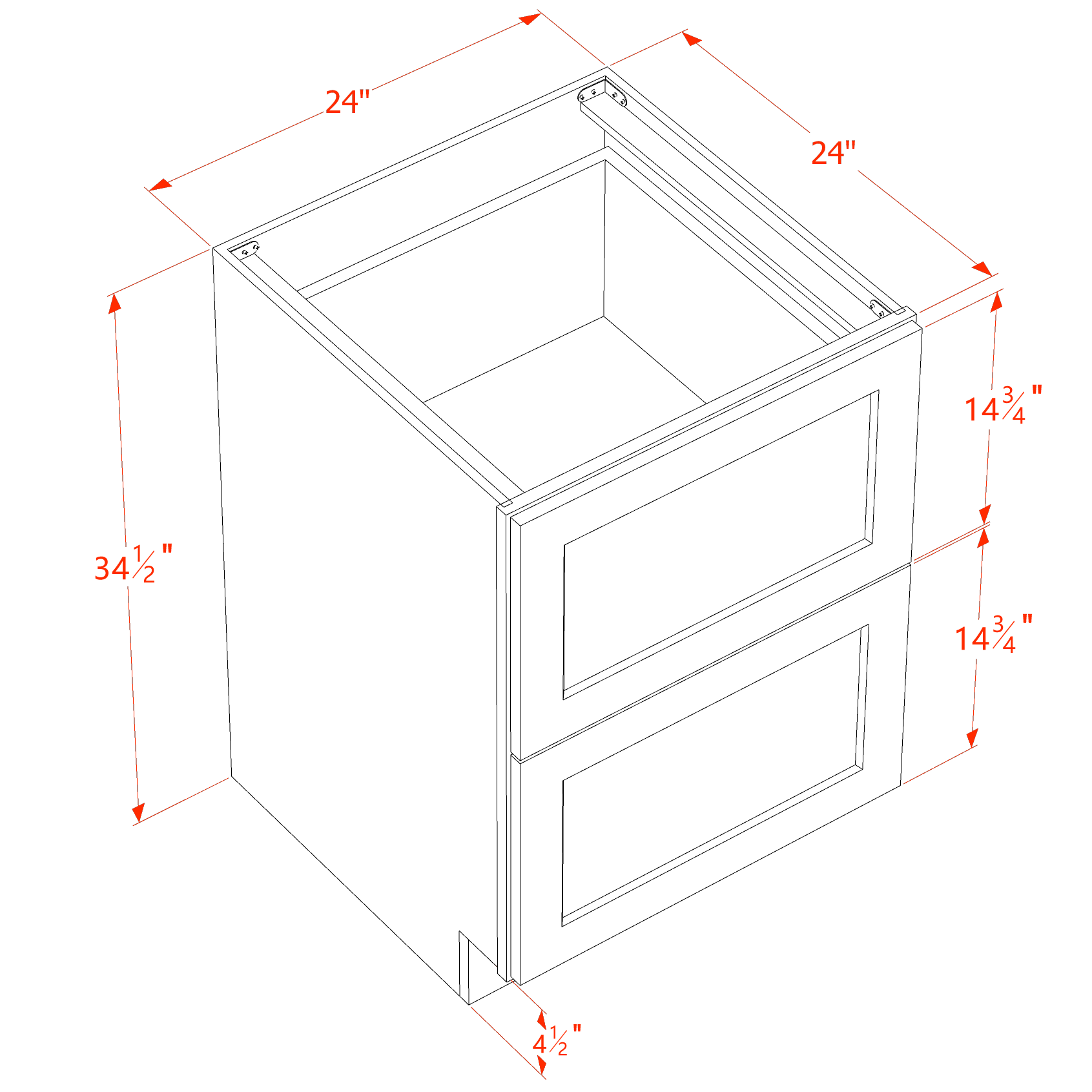 DB24-2-SSW  Base Cabinet 3 Drawers - Slim Shaker Style - White   24"W x 34-1/2"H x 24"D
