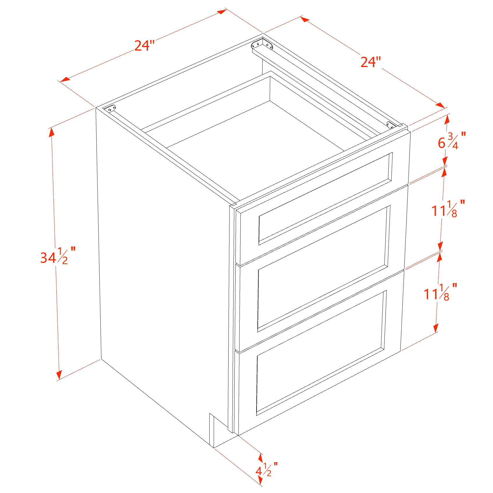 DB24-SSAW  Base Cabinet 3 Drawers - Shaker Style - Swan White   24"W x 34-1/2"H x 24"D