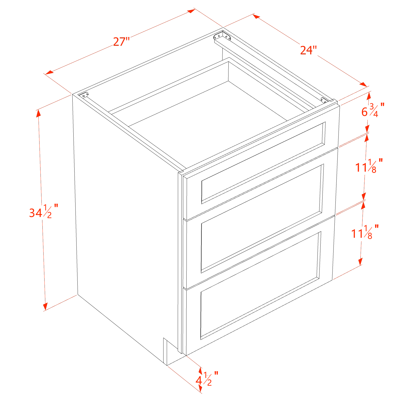 DB27-SSAW  Base Cabinet 3 Drawers - Shaker Style - Swan White   24"W x 34-1/2"H x 24"D