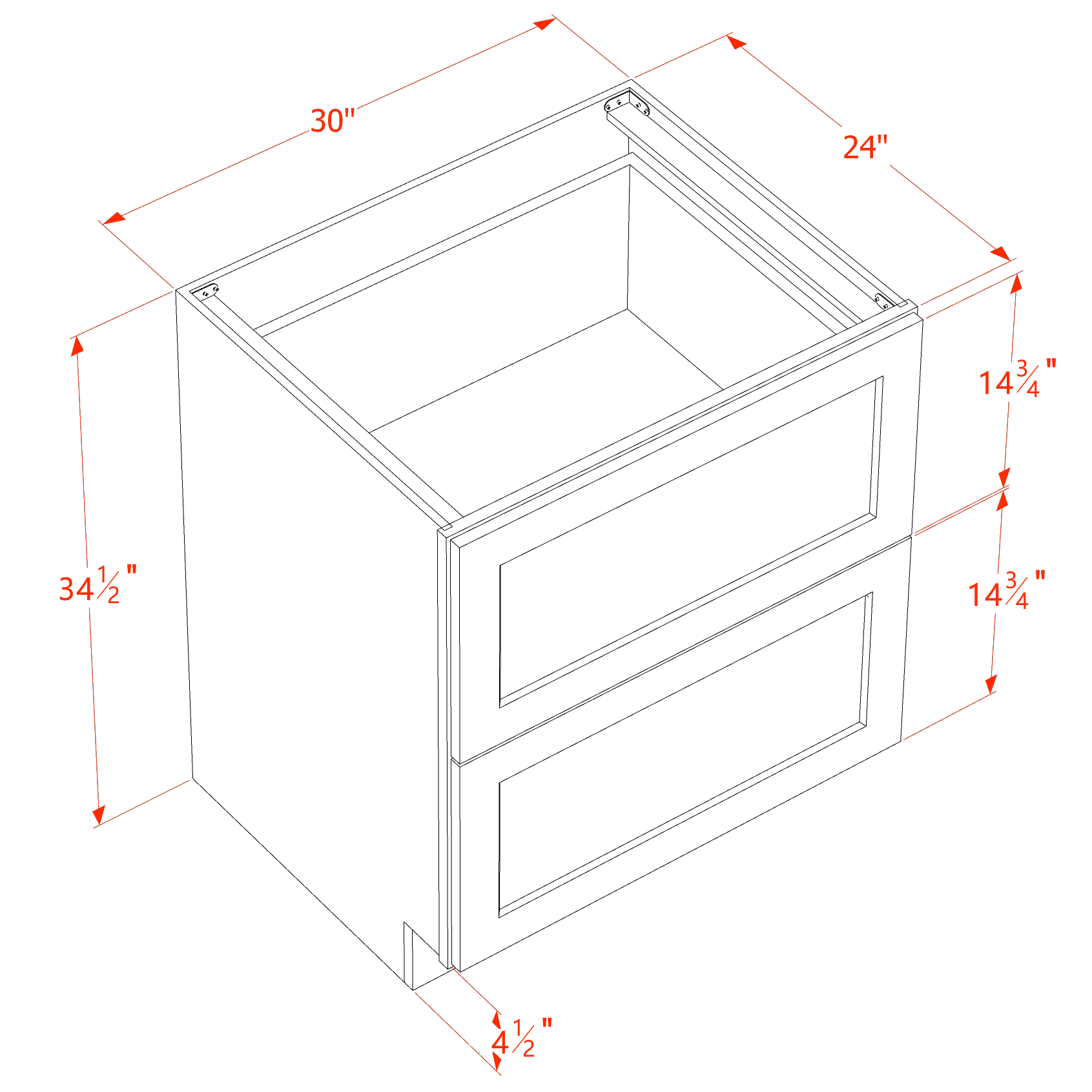 DB30-2-SSAW  Base Cabinet 3 Drawers - Shaker Style - Swan White   27"W x 34-1/2"H x 24"D