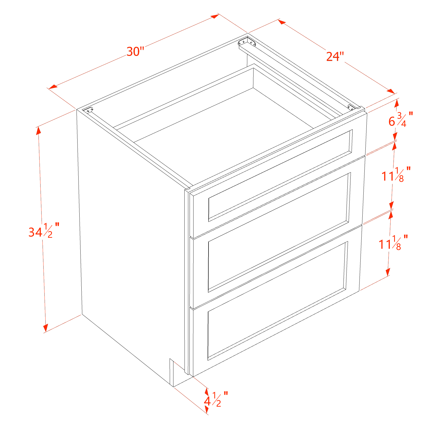 DB30-SSAW  Base Cabinet 3 Drawers - Shaker Style - Swan White   30"W x 34-1/2"H x 24"D