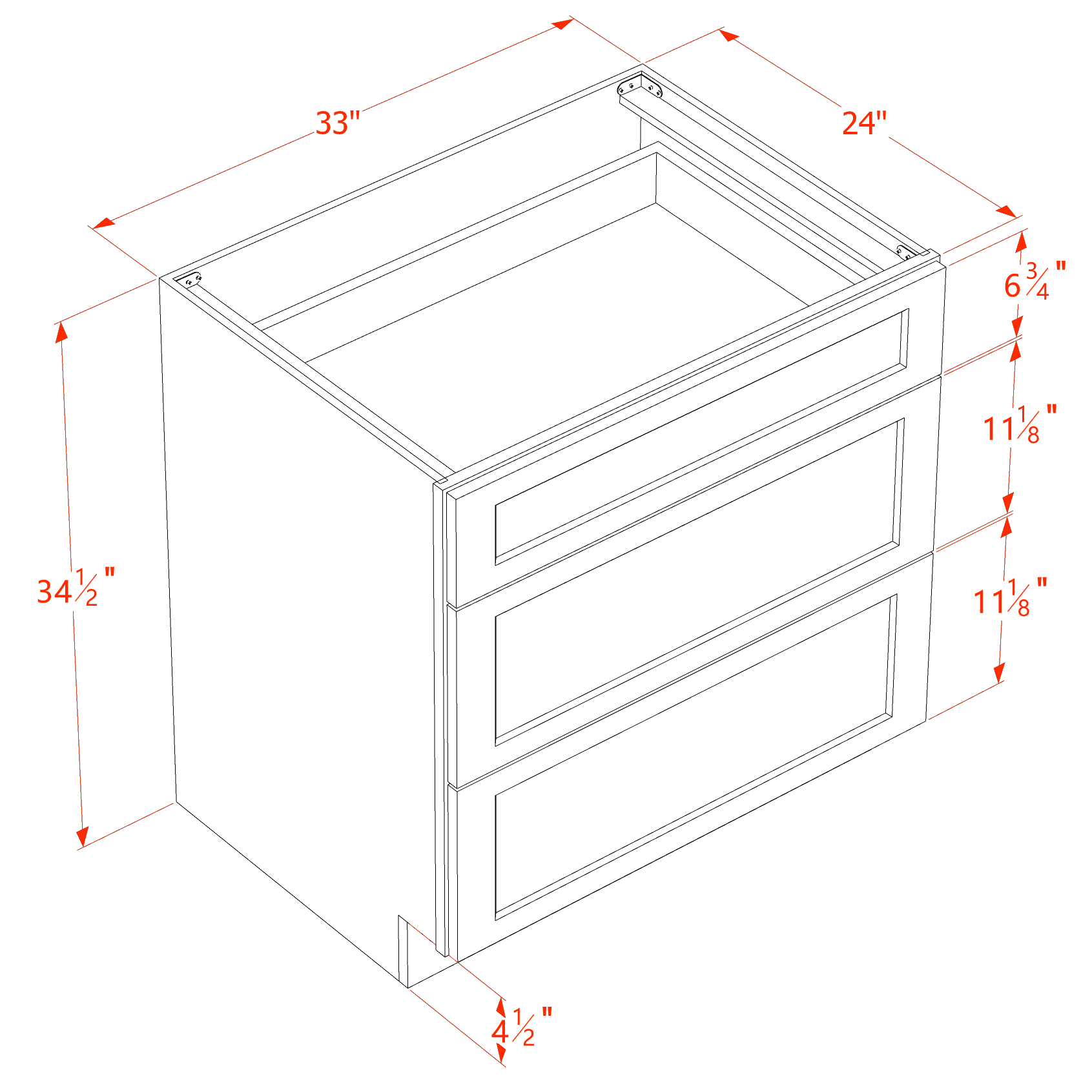DB33-SSW  Base Cabinet 3 Drawers - Slim Shaker Style - White   33"W x 34-1/2"H x 24"D