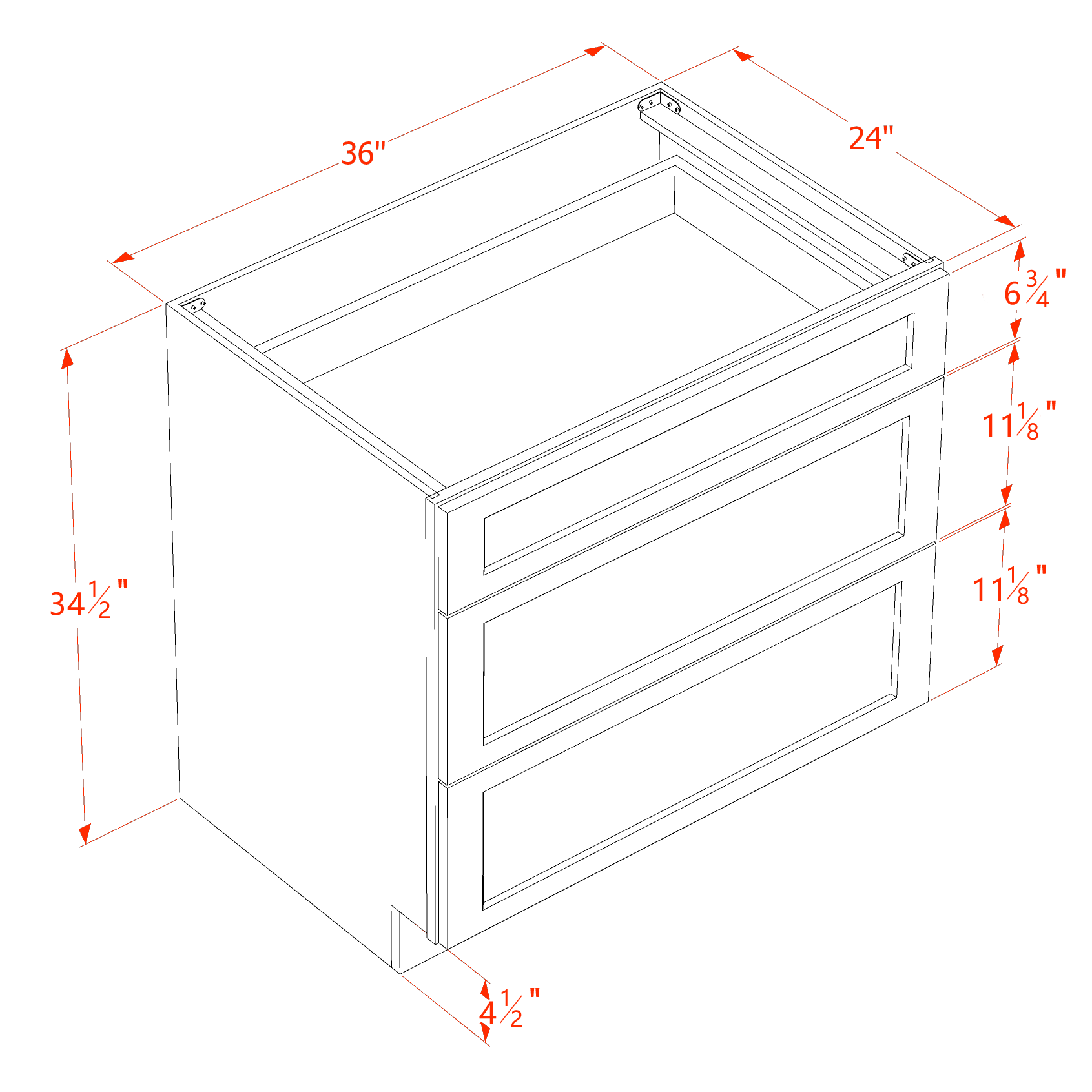DB36-SG  Base Cabinet 3 Drawers - Shaker Style - Green   36"W x 34-1/2"H x 24"D
