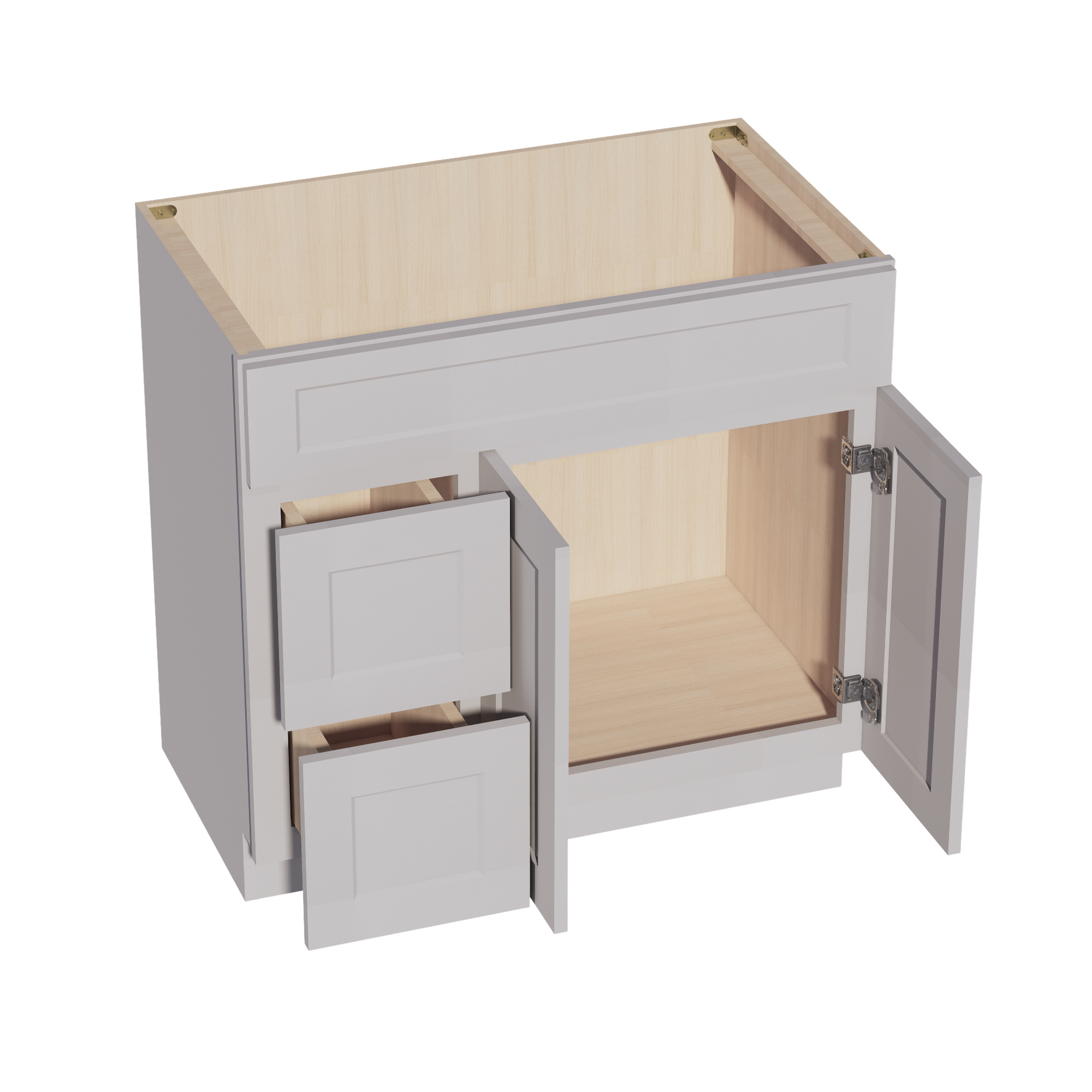 VSD3621L-SLG: Shaker Light Grey 36"W x 34-1/2"H x 21"D 2 Doors & 2 Left Drawers Offset Vanity Sink Base Cabinets