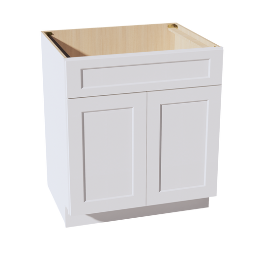 SB30-SW  Sink Base Cabinet 2 Door 2 False Drawer  - Shaker Style - Pure White   30"W x 34-1/2"H x 24"D
