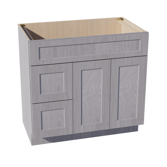 VSD3621L-SWG Vanity Sink Base 2 Doors & 2 Left Drawers Offset - Shaker Style - Washed Grey   36"W x 34-1/2"H x 21"D