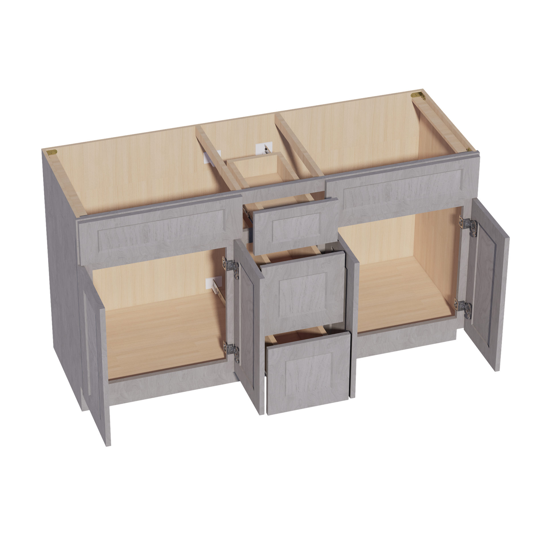 VSD60DOUBLE-SWG Vanity Sink Base Combo Cabinet  2 Doors 6 Drawers & 1 False Drawer Single Vanity - Shaker Style - Washed Grey   60"W x 34-1/2"H x 21"D
