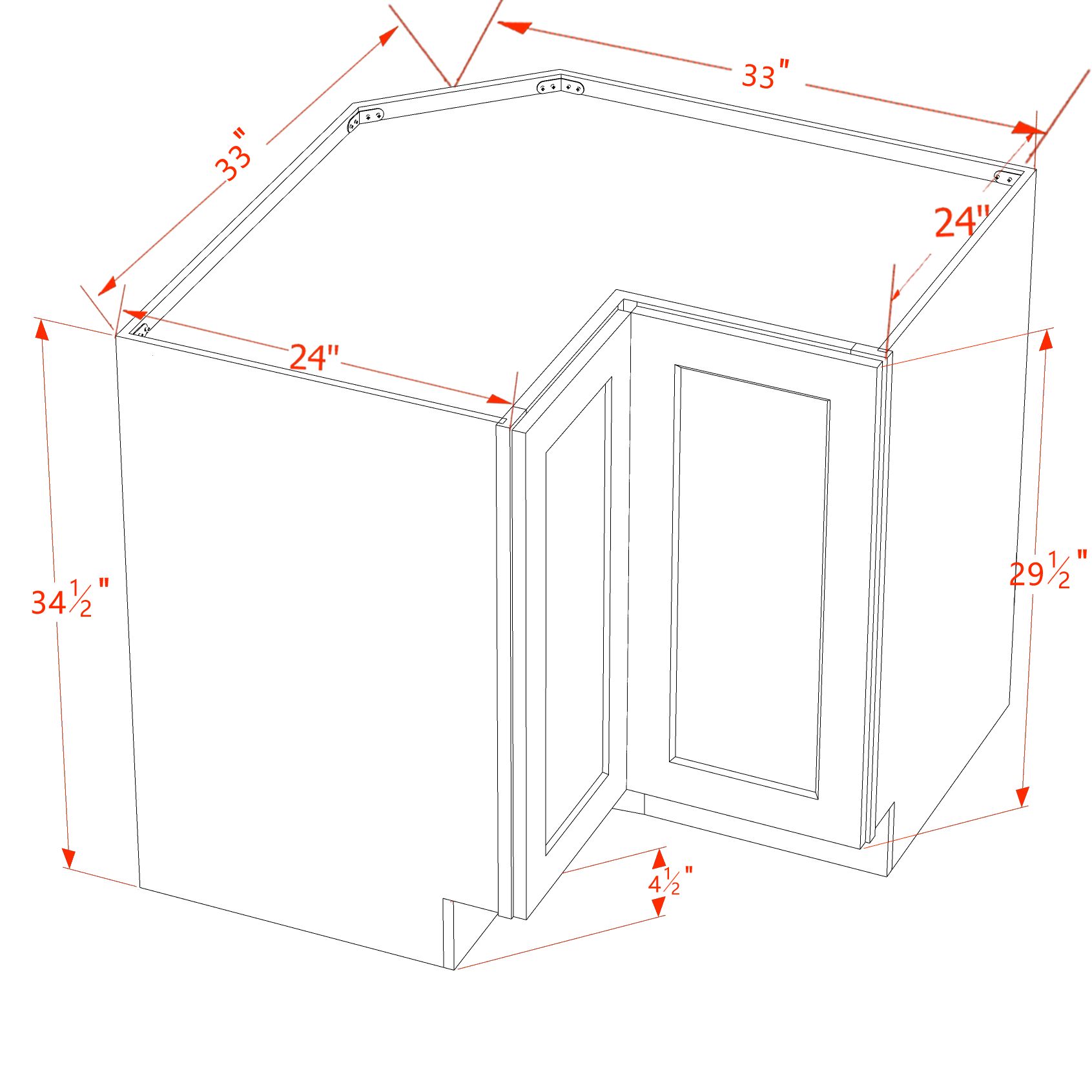 LSB33-SSW  Base Cabinet 2 Door Corner Lazy Susan  - Slim Shaker Style - White   16-1/2"x16-1/2"W x 34-1/2"H x 24"D