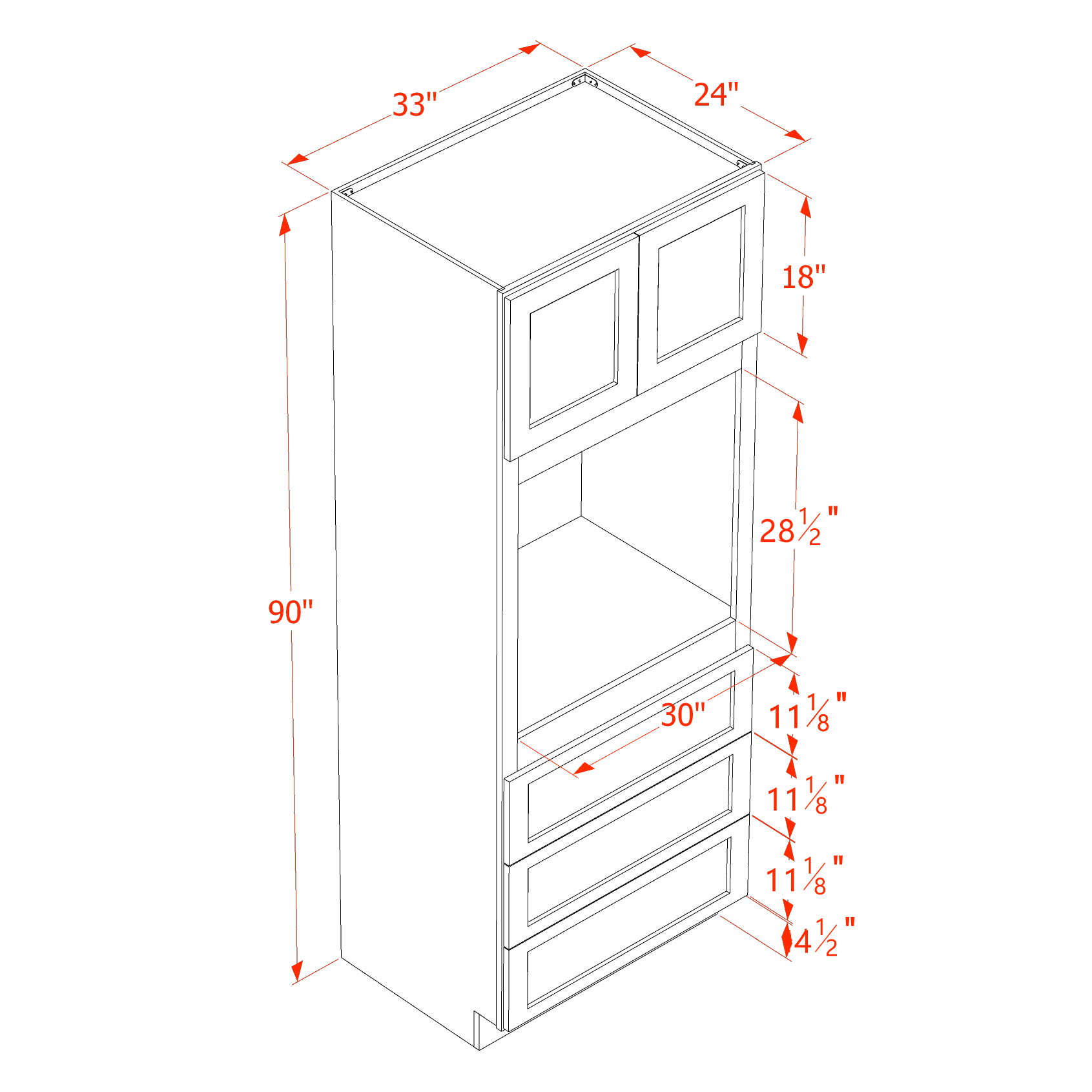 OC3390-SSAW  Tall Oven 2 Door & 3 Drawers Cabinet - Shaker Style - Swan White   33"W x 84"H x 24"D