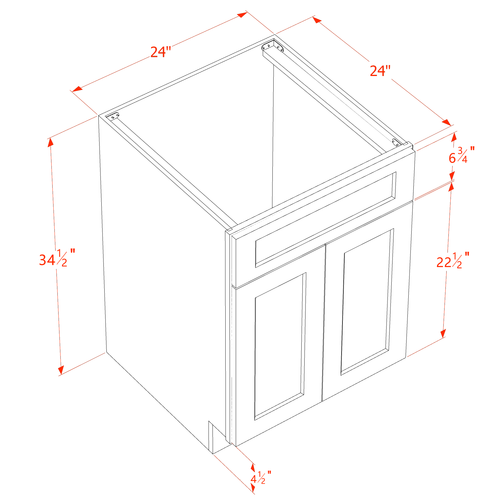 SB24-SSW  Sink Base Cabinet 2 Door 2 False Drawer  - Slim Shaker Style - White   24"W x 34-1/2"H x 24"D