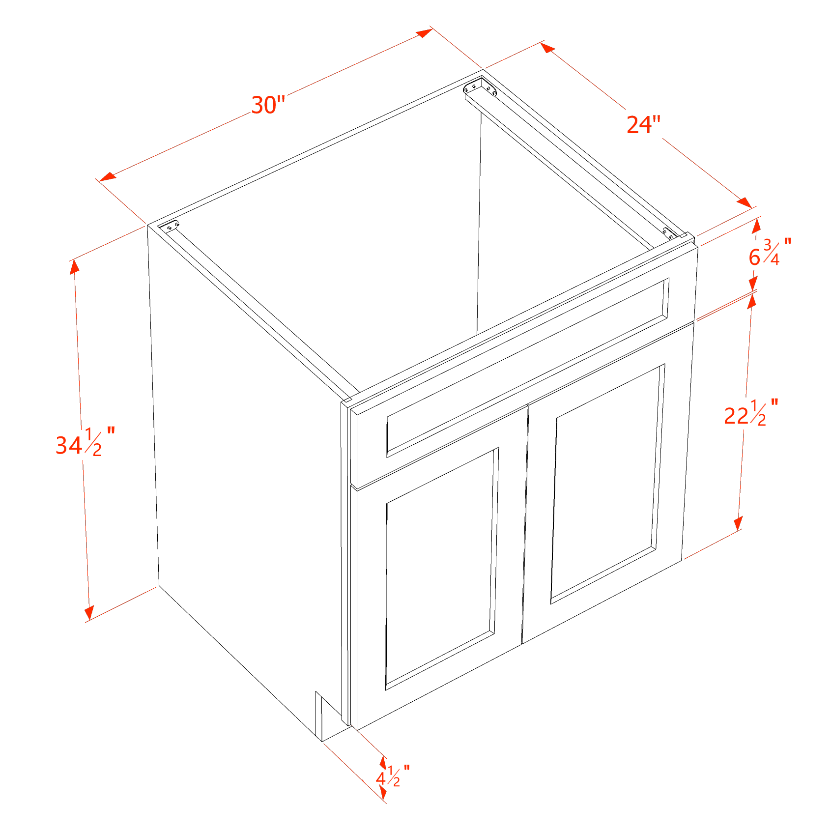 SB30-SSAW  Sink Base Cabinet 2 Door 2 False Drawer  - Shaker Style - Swan White   24"W x 34-1/2"H x 24"D