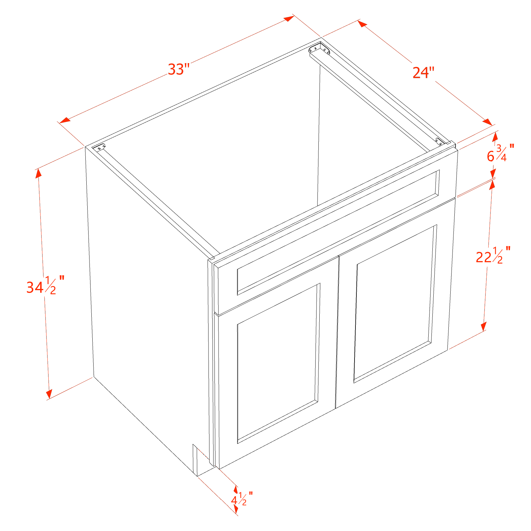 SB33-SSW  Sink Base Cabinet 2 Door 2 False Drawer  - Slim Shaker Style - White   33"W x 34-1/2"H x 24"D