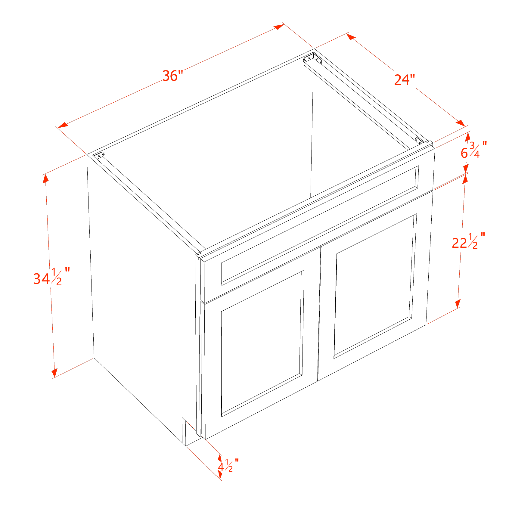 SB36-SSE  Sink Base Cabinet 2 Door 2 False Drawer  - Slim Shaker Style - Espresso   36"W x 34-1/2"H x 24"D