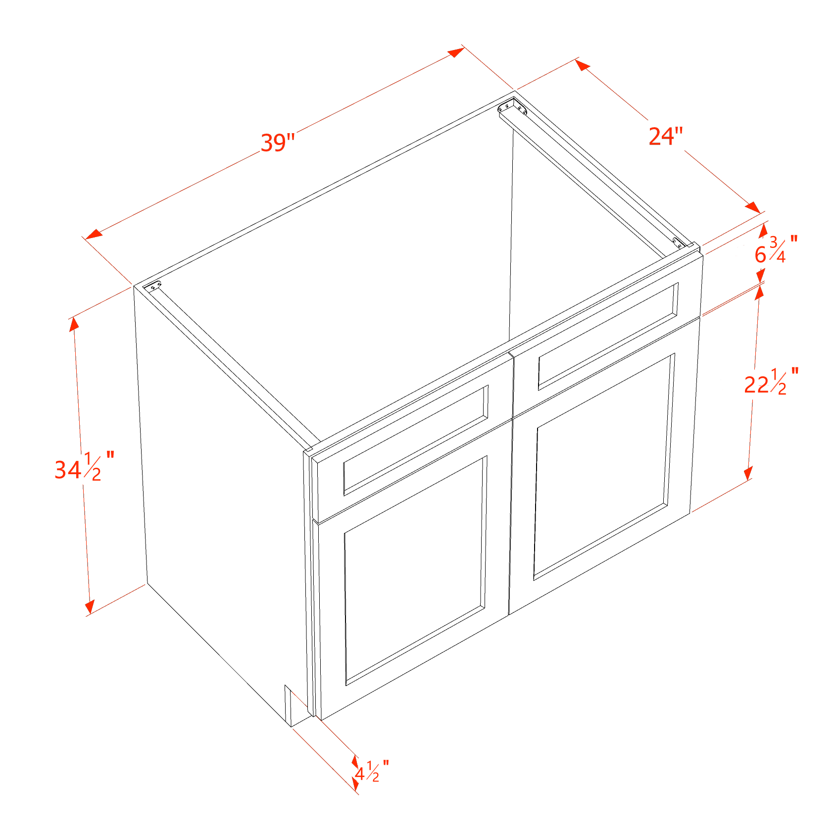 SB39-SSE  Sink Base Cabinet 2 Door 2 False Drawer  - Slim Shaker Style - Espresso   39"W x 34-1/2"H x 24"D