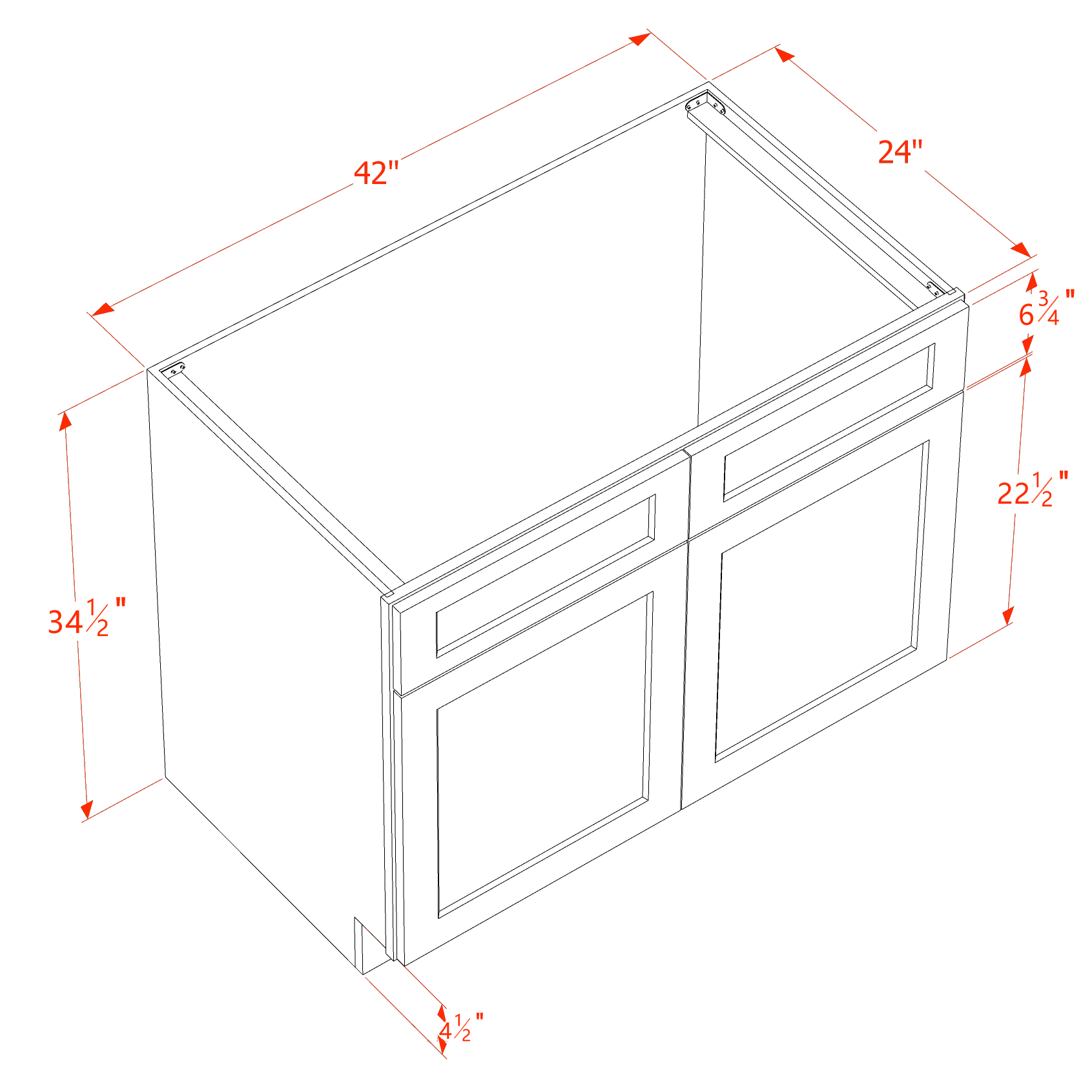 SB42-SSE  Sink Base Cabinet 2 Door 2 False Drawer  - Slim Shaker Style - Espresso   42"W x 34-1/2"H x 24"D