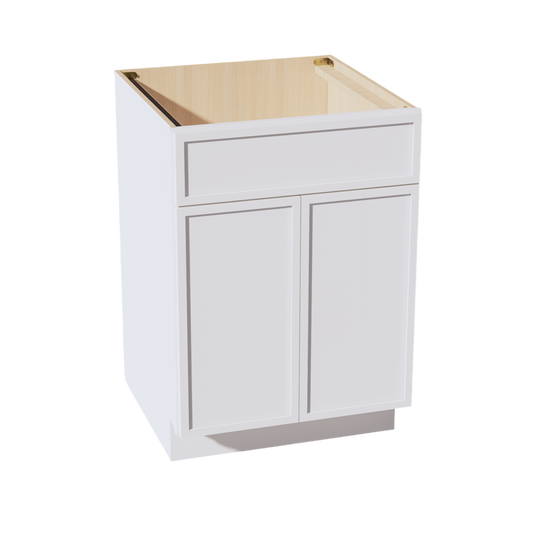 SB24-SSW  Sink Base Cabinet 2 Door 2 False Drawer  - Slim Shaker Style - White   24"W x 34-1/2"H x 24"D