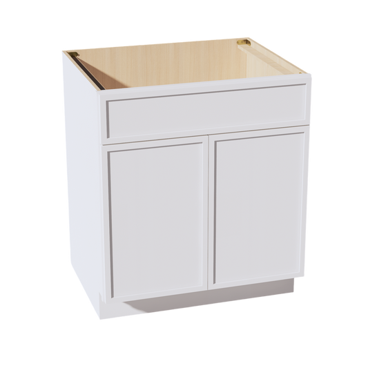 SB30-SSW  Sink Base Cabinet 2 Door 2 False Drawer  - Slim Shaker Style - White   30"W x 34-1/2"H x 24"D