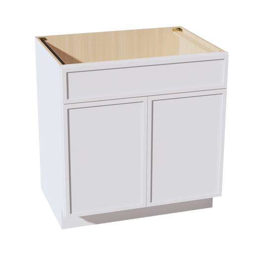 SB33-SSW  Sink Base Cabinet 2 Door 2 False Drawer  - Slim Shaker Style - White   33"W x 34-1/2"H x 24"D