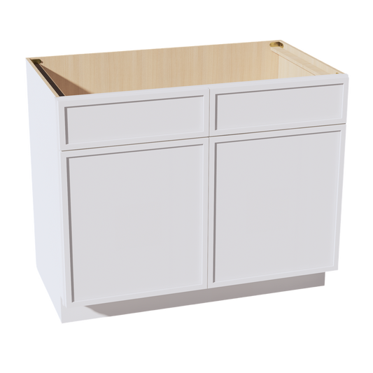 SB42-SSW  Sink Base Cabinet 2 Door 2 False Drawer  - Slim Shaker Style - White   42"W x 34-1/2"H x 24"D