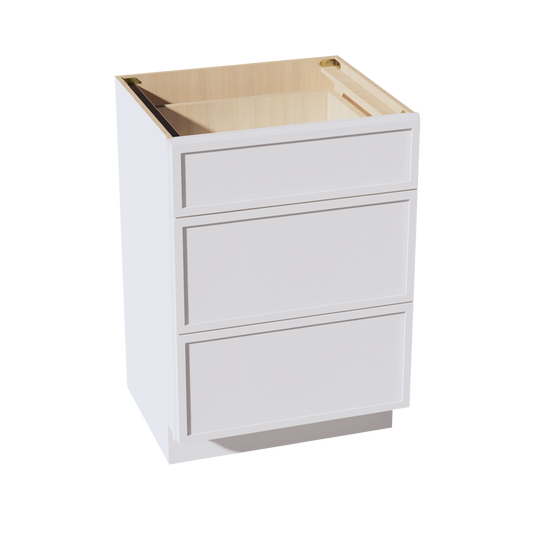 VDB2421-SSW  Vanity Base Cabinet 3 Drawers - Slim Shaker Style - White   24"W x 34-1/2"H x 21"D