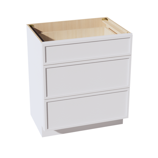 VDB3021-SSW  Vanity Base Cabinet 3 Drawers - Slim Shaker Style - White   30"W x 34-1/2"H x 21"D