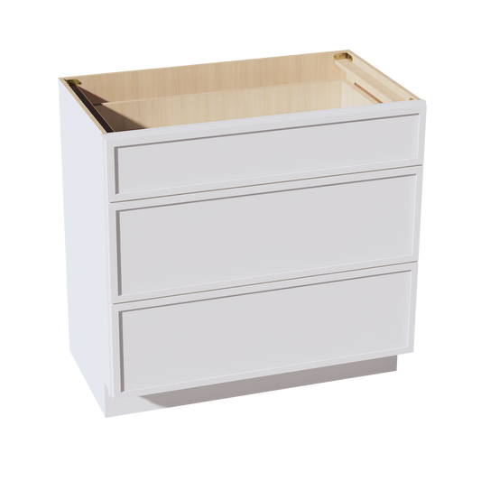 VDB3621-SSW  Vanity Base Cabinet 3 Drawers - Slim Shaker Style - White   36"W x 34-1/2"H x 21"D