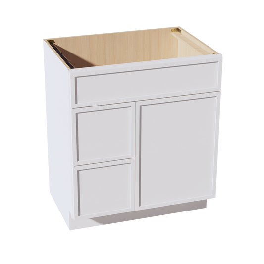 VSD3021L-SSW  Vanity Sink Base 2 Doors & 2 Left Drawers Offset - Slim Shaker Style - White   30"W x 34-1/2"H x 21"D