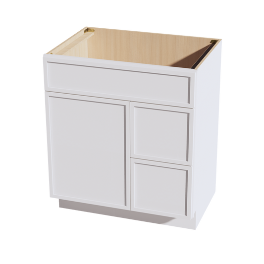 VSD3021R-SSW  Vanity Sink Base 2 Doors & 2 Right Drawers Offset - Slim Shaker Style - White   30"W x 34-1/2"H x 21"D