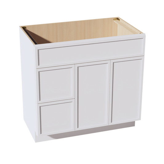 VSD3621L-SSW  Vanity Sink Base 2 Doors & 2 Left Drawers Offset - Slim Shaker Style - White   36"W x 34-1/2"H x 21"D