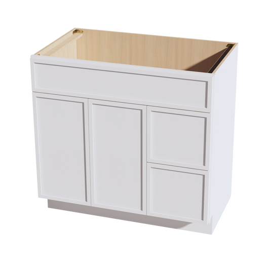 VSD3621R-SSW  Vanity Sink Base 2 Doors & 2 Right Drawers Offset - Slim Shaker Style - White   36"W x 34-1/2"H x 21"D