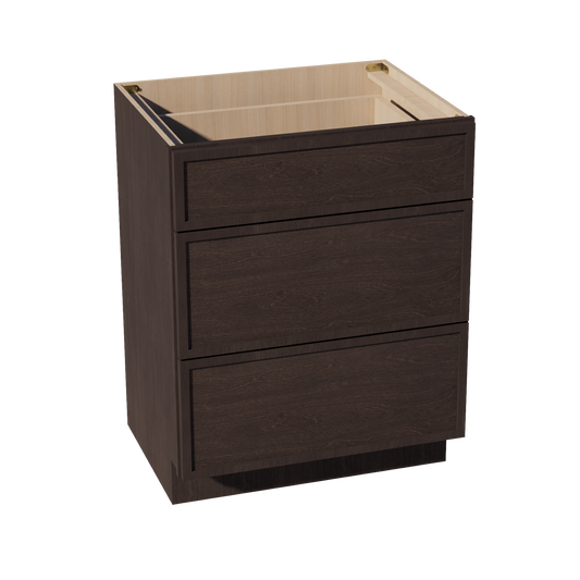 VDB2721-SSE  Vanity Base Cabinet 3 Drawers - Slim Shaker Style - Espresso   27"W x 34-1/2"H x 21"D