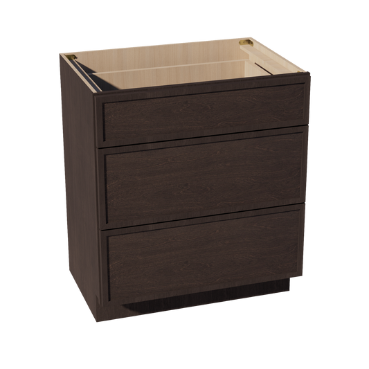 VDB3021-SSE  Vanity Base Cabinet 3 Drawers - Slim Shaker Style - Espresso   30"W x 34-1/2"H x 21"D