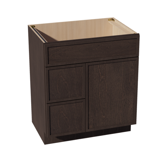 VSD3021L-SSE  Vanity Sink Base 2 Doors & 2 Left Drawers Offset - Slim Shaker Style - Espresso   30"W x 34-1/2"H x 21"D