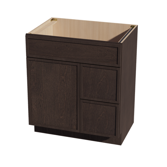 VSD3021R-SSE  Vanity Sink Base 2 Doors & 2 Right Drawers Offset - Slim Shaker Style - Espresso   30"W x 34-1/2"H x 21"D