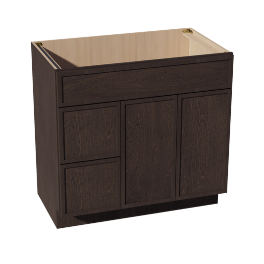 VSD3621L-SSE  Vanity Sink Base 2 Doors & 2 Left Drawers Offset - Slim Shaker Style - Espresso   36"W x 34-1/2"H x 21"D