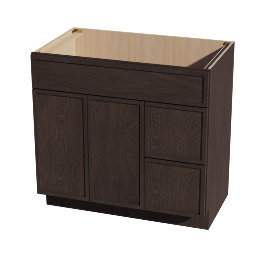 VSD3621R-SSE  Vanity Sink Base 2 Doors & 2 Right Drawers Offset - Slim Shaker Style - Espresso   36"W x 34-1/2"H x 21"D