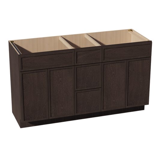 VSD60DOUBLE-SSE  Vanity Sink Base Combo Cabinet  2 Doors 6 Drawers & 1 False Drawer Single Vanity - Slim Shaker Style - Espresso   60"W x 34-1/2"H x 21"D