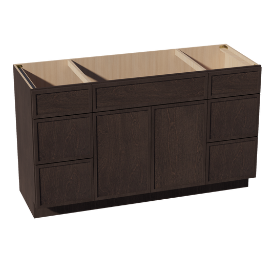 VSD60SINGLE-SSE  Vanity Sink Base Combo Cabinet  4 Doors 3 Drawers & 2 False Drawers Single Vanity - Slim Shaker Style - Espresso   60"W x 34-1/2"H x 21"D