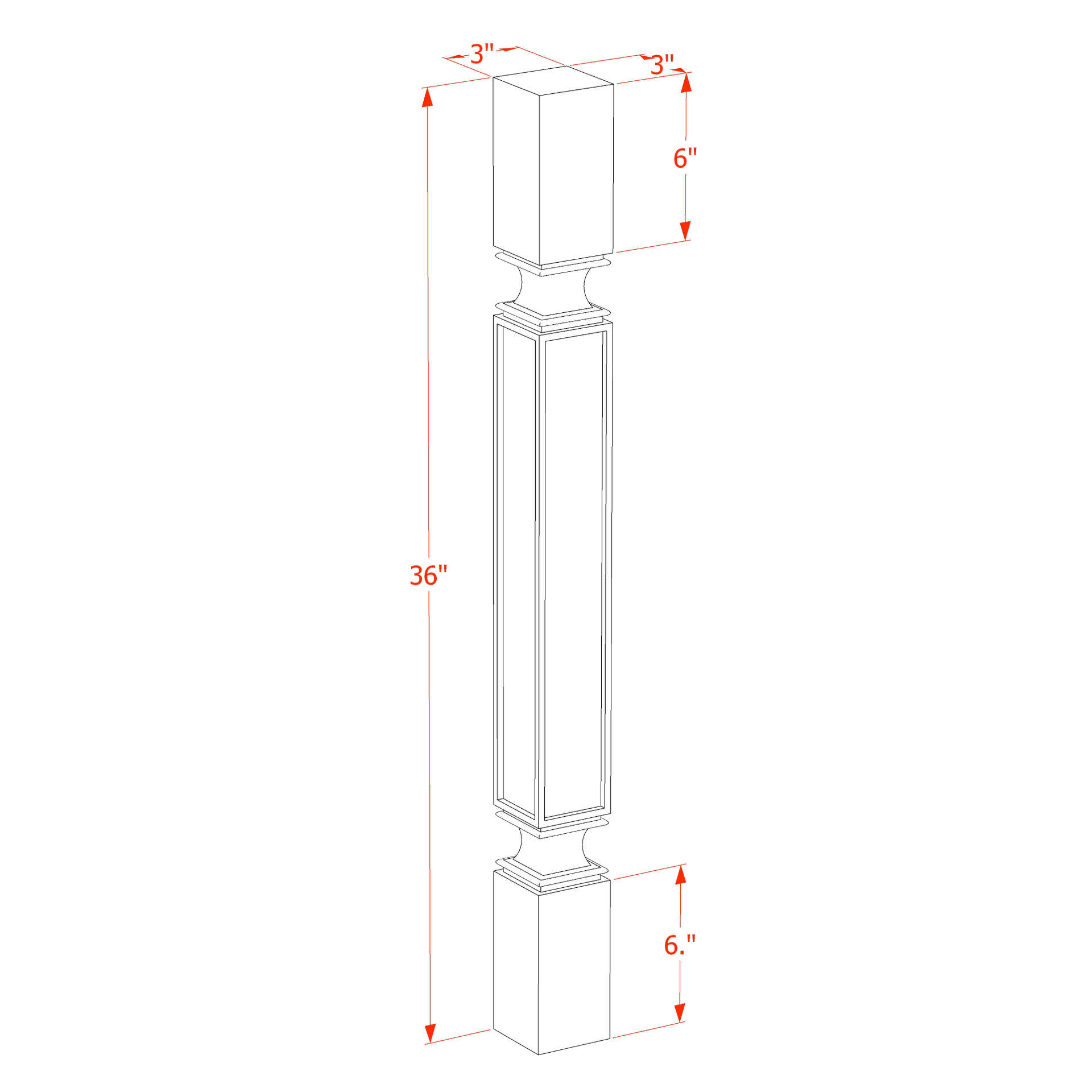 SP336-SBK  Square Roman Pillar - Shaker Style - Black   03"W x 36"H x 03"D