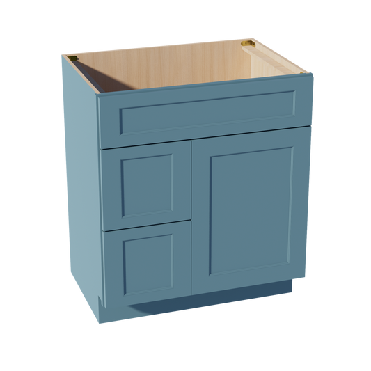 VSD3021L-SG  Vanity Sink Base 2 Doors & 2 Left Drawers Offset - Shaker Style - Green   30"W x 34-1/2"H x 21"D