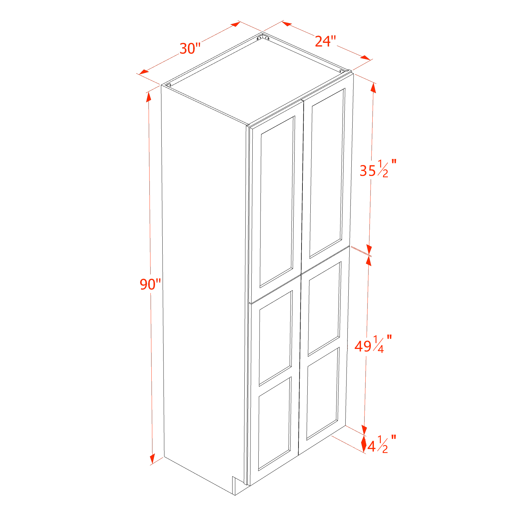 TP3090-SSAW  Tall Shelf Pantry Cabinet 2 Door & 6 Sheleves - Shaker Style - Swan White   30" W x 84"H x 24"D